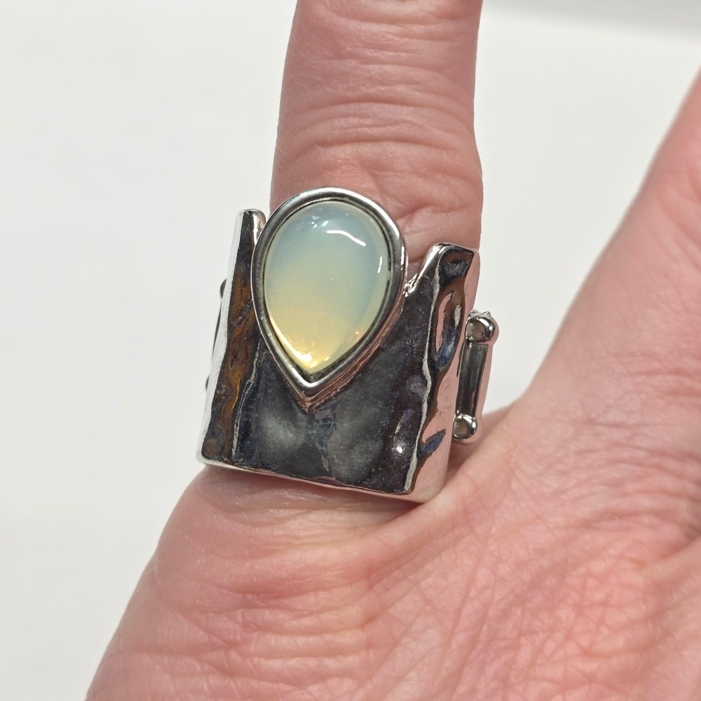 New Hammered Metal Teardrop Moonstone Faux Opalite Ring Silver Tone Stretch Pear